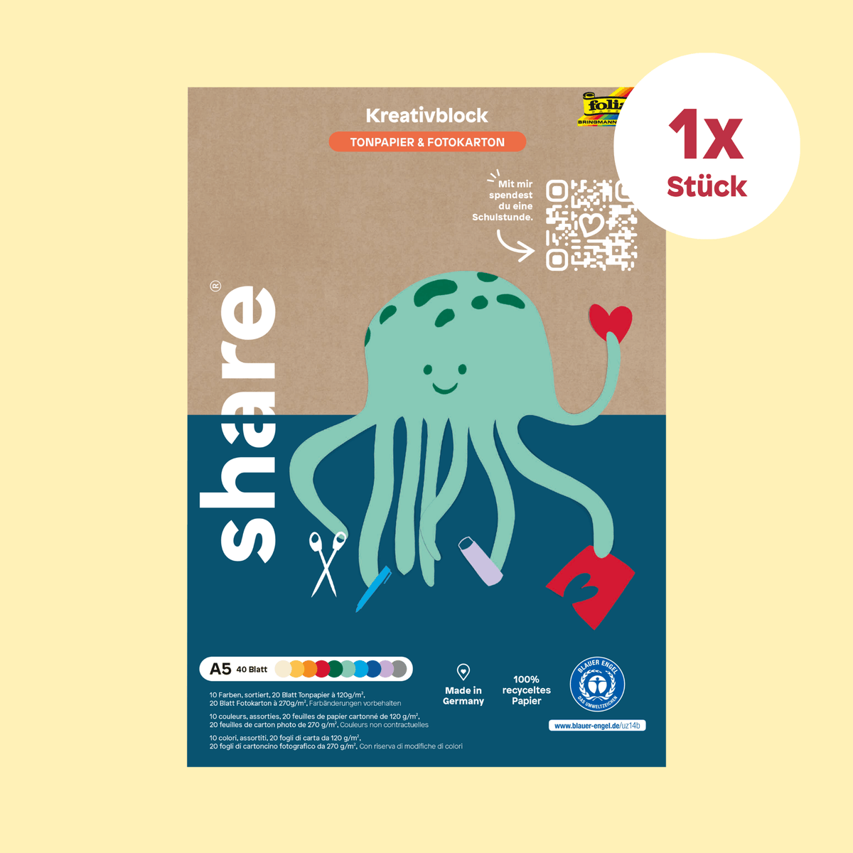 share Papiere / Kartone Kreativ-Bastelblock A5 mehrfarbig (40 Blatt) 1x