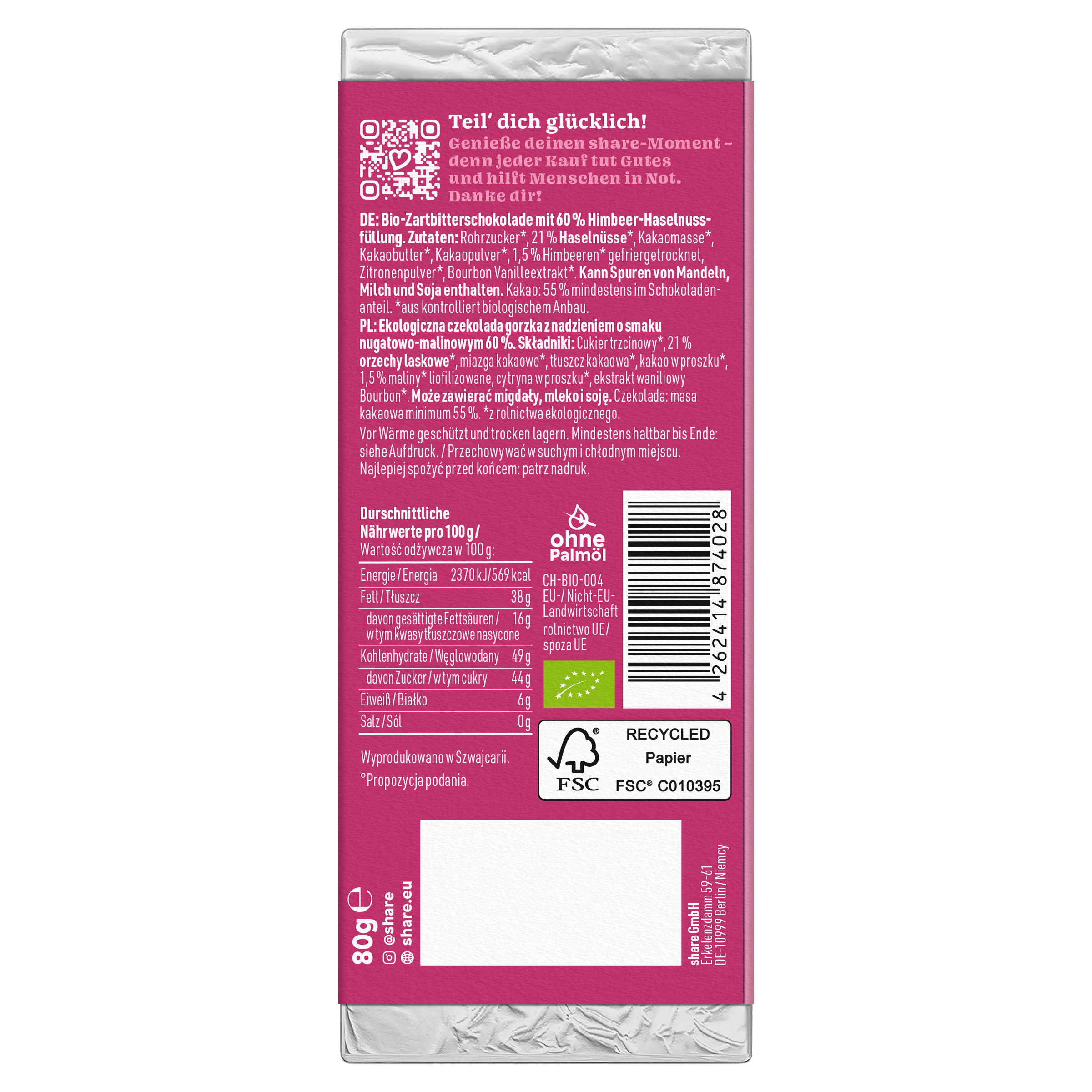 share Tafelschokolade Bio Tafelschokolade Berry Kiss Praliné Zartbitter mit Himbeere 12x80g