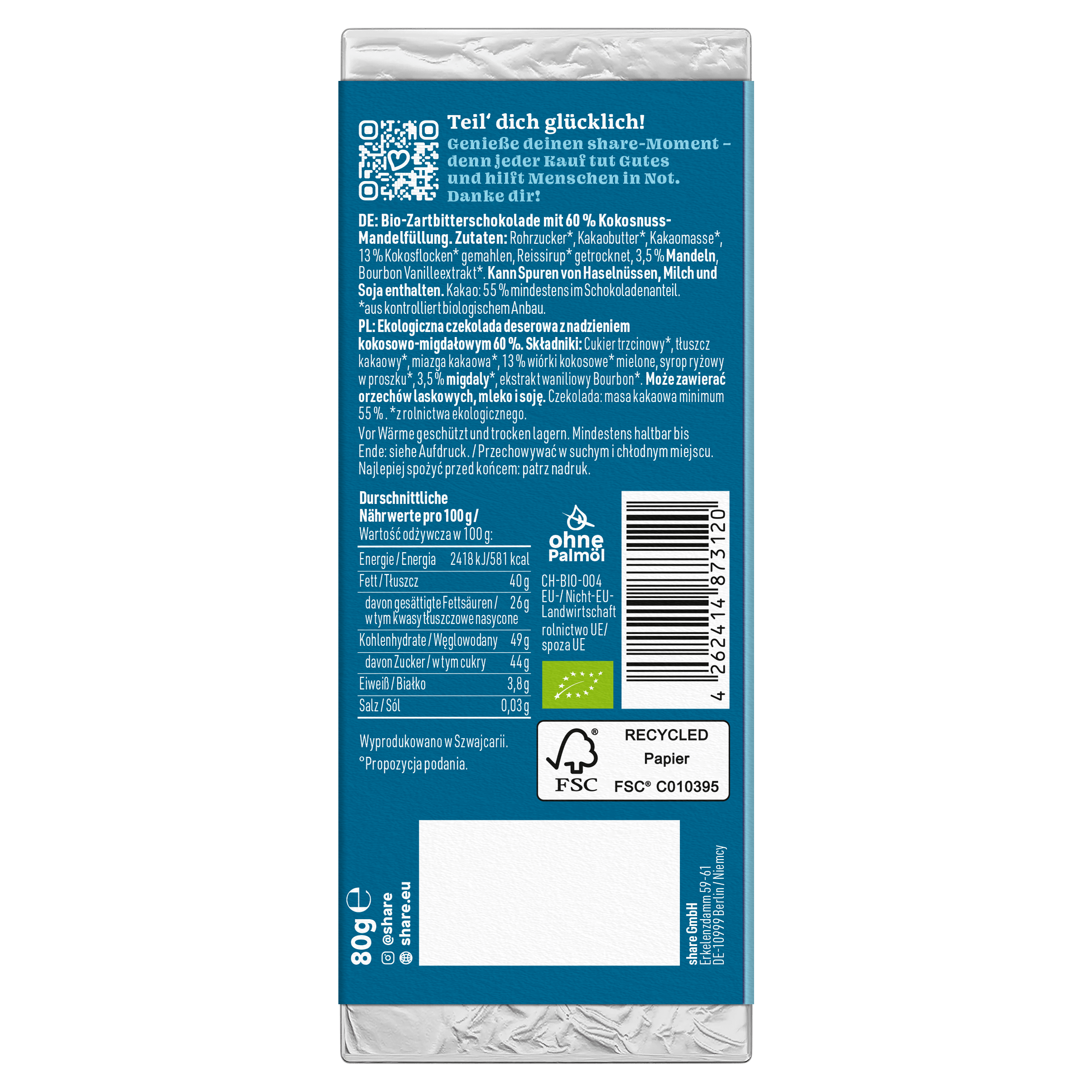 share Tafelschokolade Bio Tafelschokolade Coconut Bliss Praliné Zartbitter mit Kokos & Mandel 12x80g