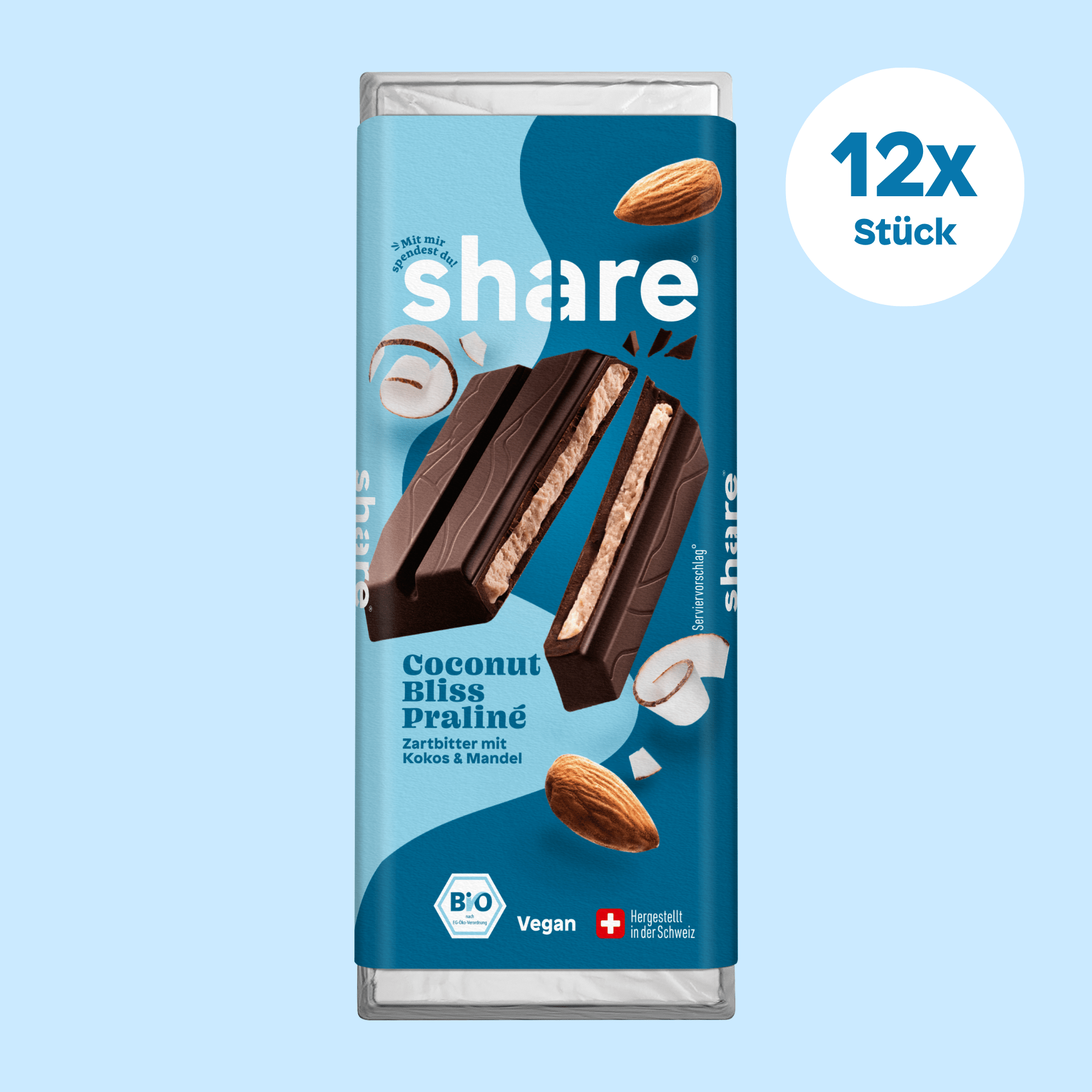 share Tafelschokolade Bio Tafelschokolade Coconut Bliss Praliné - Zartbitter mit Kokos & Mandel 12x80g