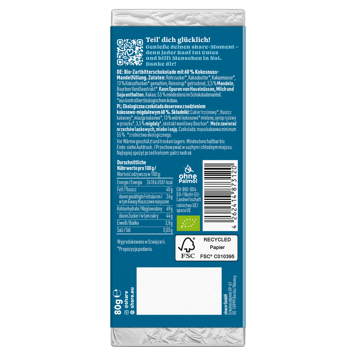 share Tafelschokolade Bio Tafelschokolade Coconut Bliss Praliné Zartbitter mit Kokos & Mandel 1x80g 12x80g