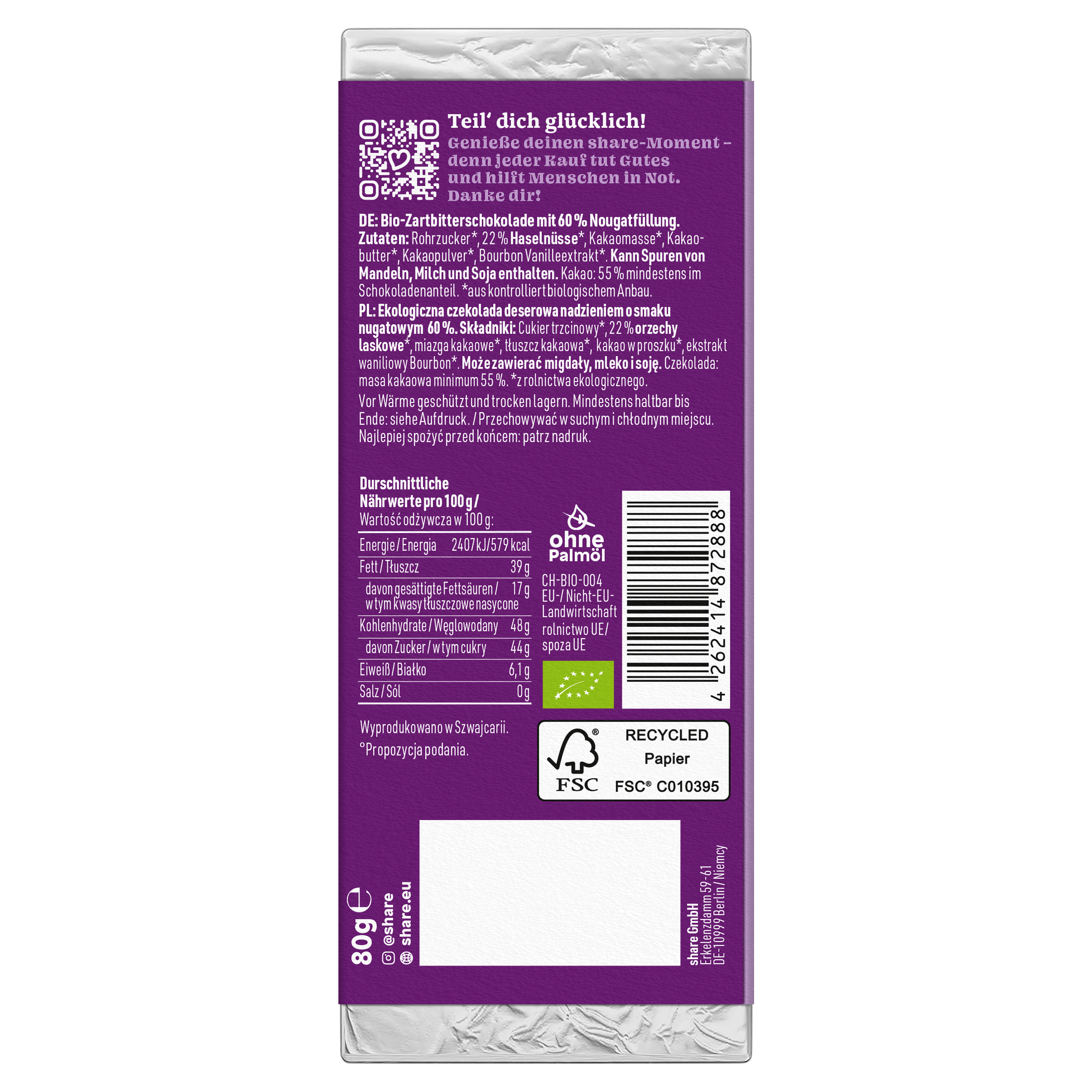 share Tafelschokolade Bio Tafelschokolade Creamy Nougat Praliné Zartbitter mit Nougat 12x80g