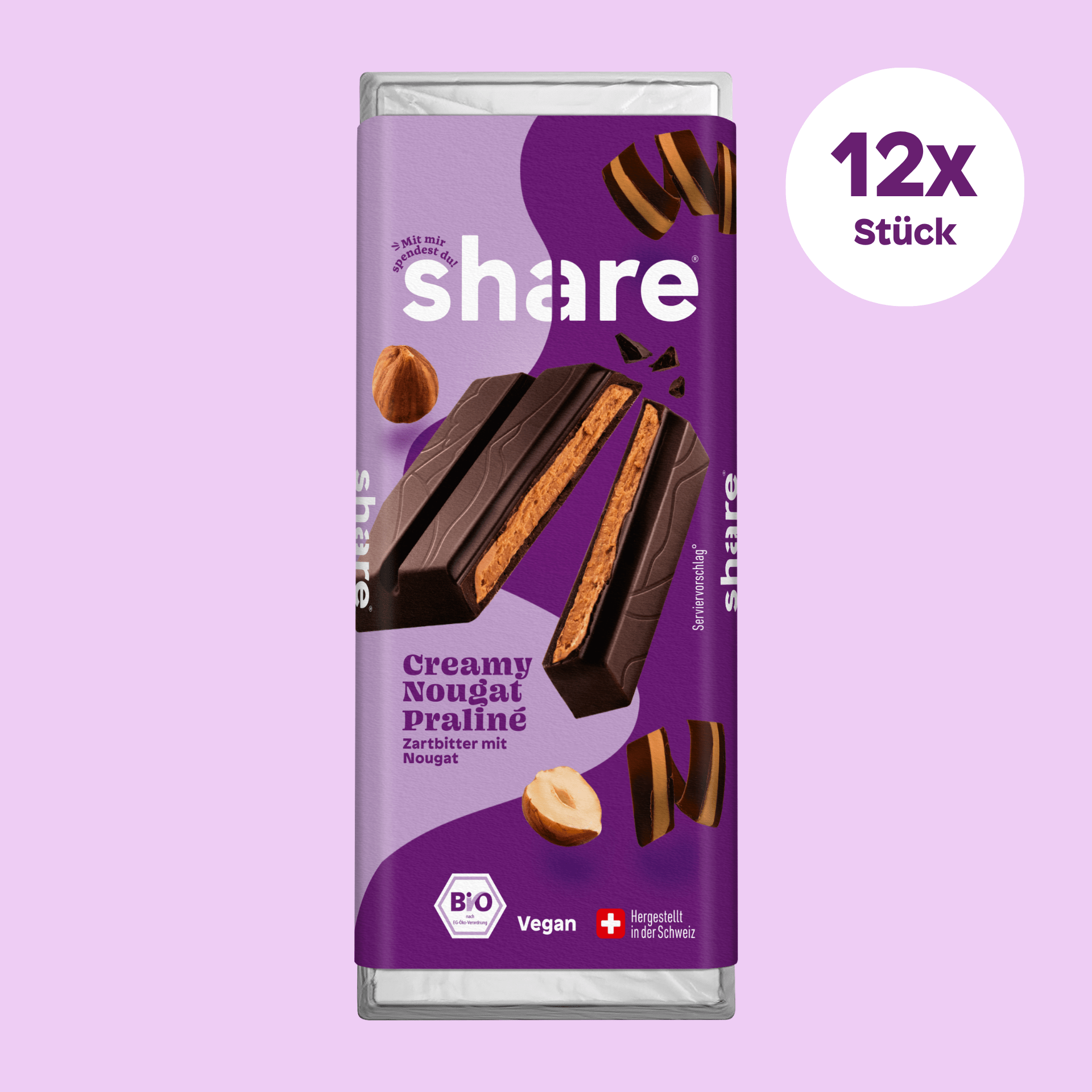 share Tafelschokolade Bio Tafelschokolade Creamy Nougat Praliné - Zartbitter mit Nougat 12x80g