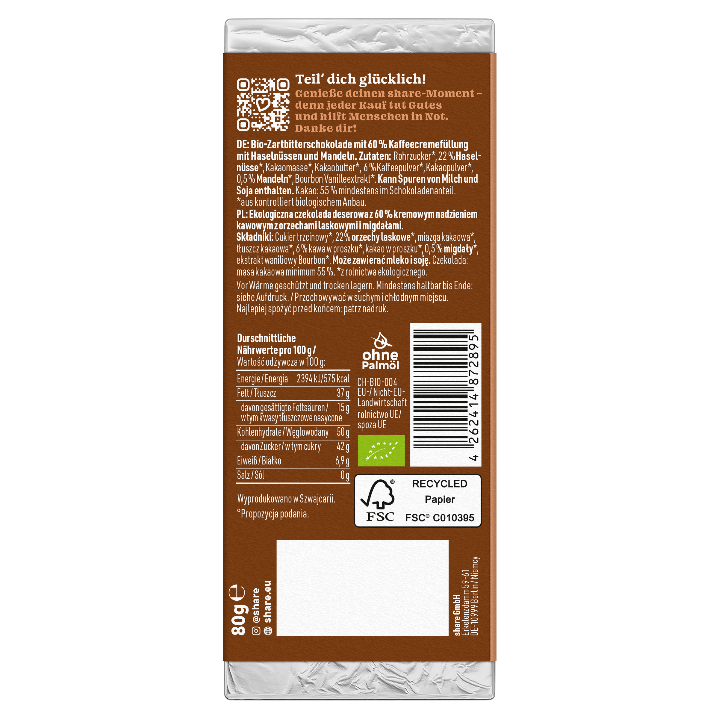 share Tafelschokolade Bio Tafelschokolade Mocca Crush Praliné Zartbitter mit Mokka 12x80g