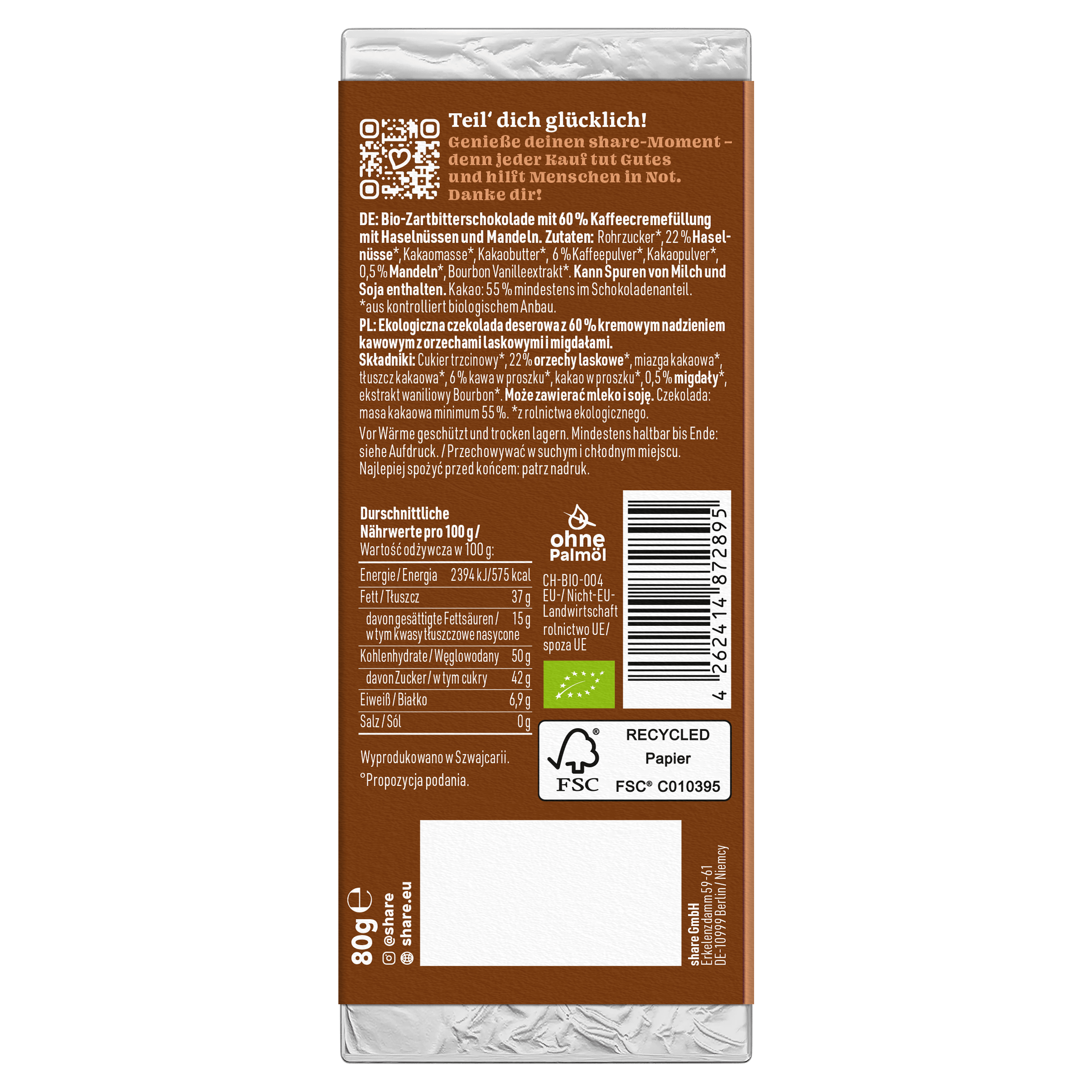 share Tafelschokolade Bio Tafelschokolade Mocca Crush Praliné Zartbitter mit Mokka 1x80g 12x80g