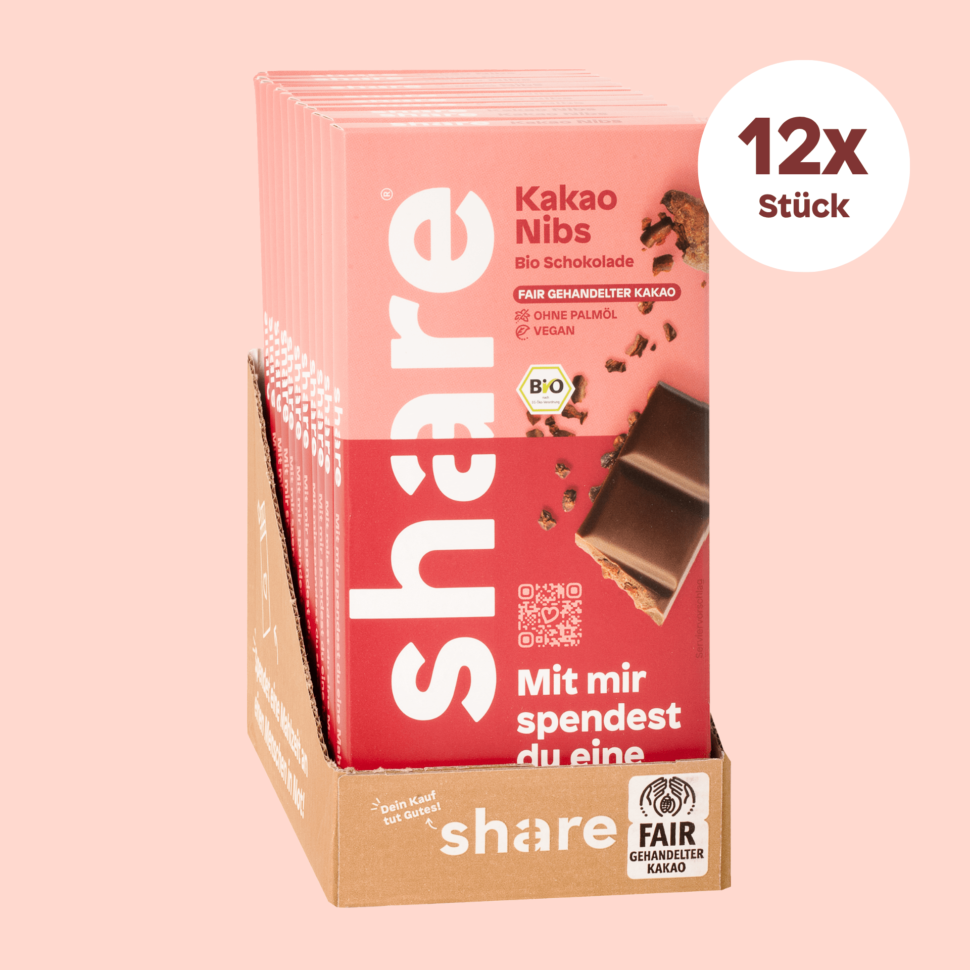 share Tafelschokolade Vegane Bio Schokoladentafel Kakao Nibs 12x100g