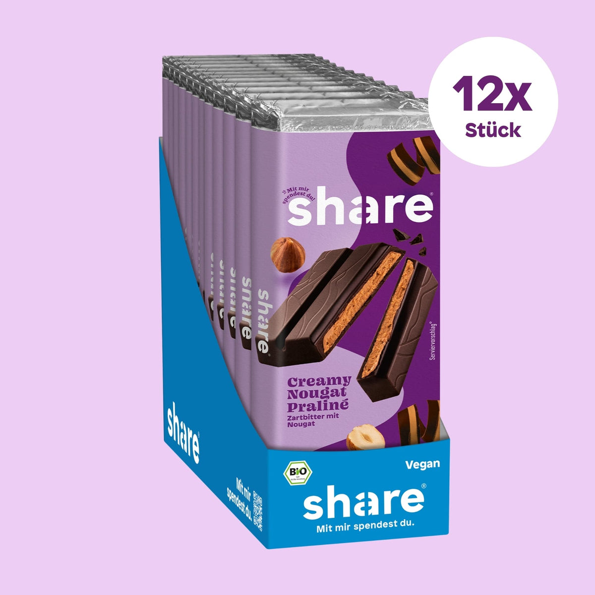 share Tafelschokolade Vegane Schokoladentafel Creamy Nougat Praliné 12x80g