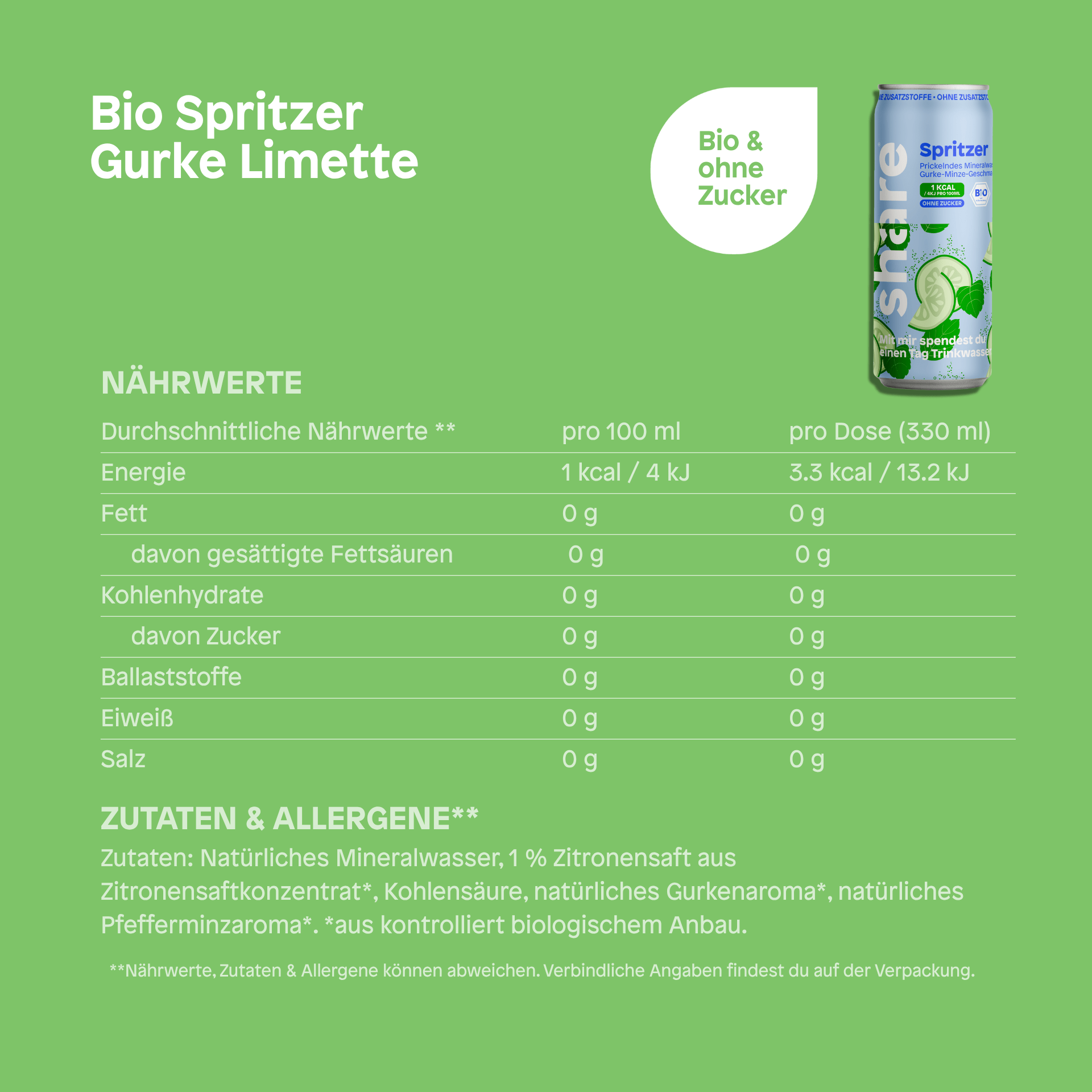 share Wasser mit Geschmack Bio Spritzer Gurke Minze - Prickelndes Wasser mit Geschmack ohne Zucker 24x330ml