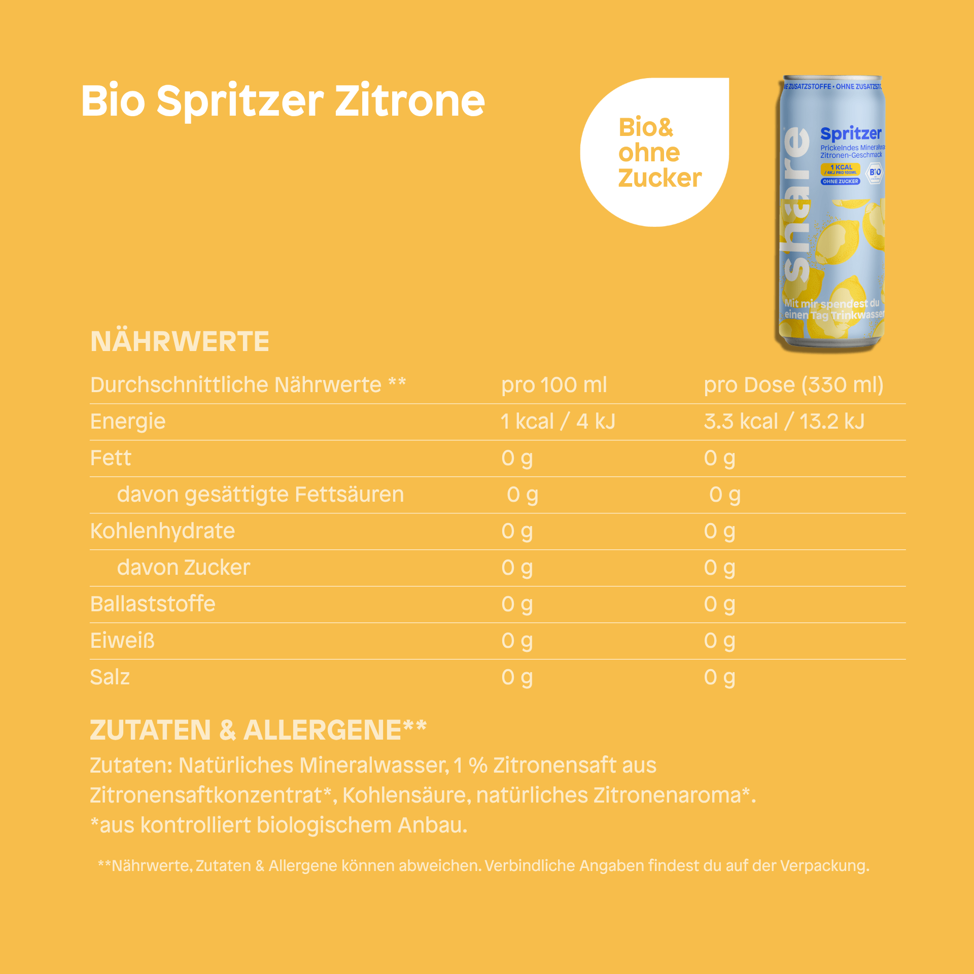 share Wasser mit Geschmack Bio Spritzer Zitrone - Prickelndes Wasser mit Geschmack, ohne Zucker 24x330ml