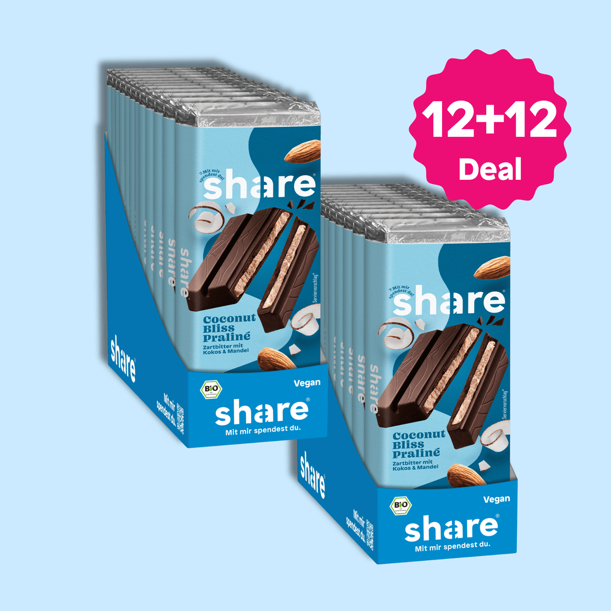 share GmbH Tafelschokolade Vegane Schokoladentafel Coconut Bliss Praliné 12x + 12x