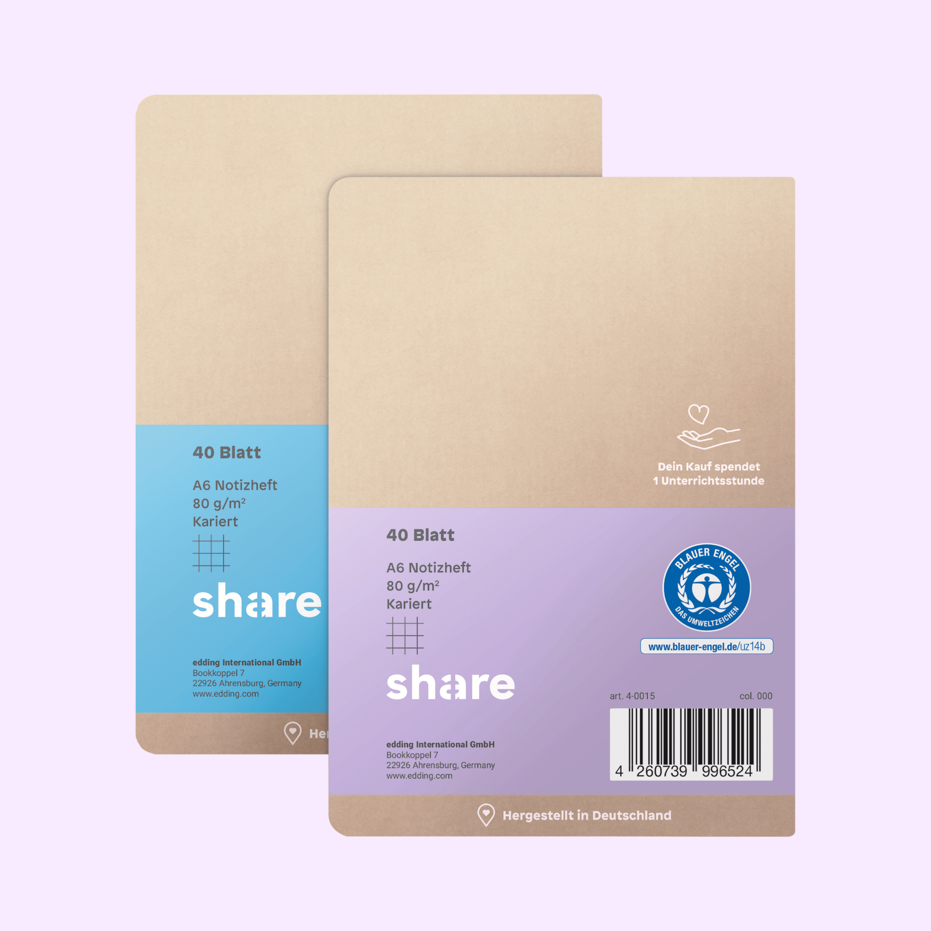 share Schreibhefte Notizheft A6 kariert pastellblau-lavendel 2er-Pack 1x
