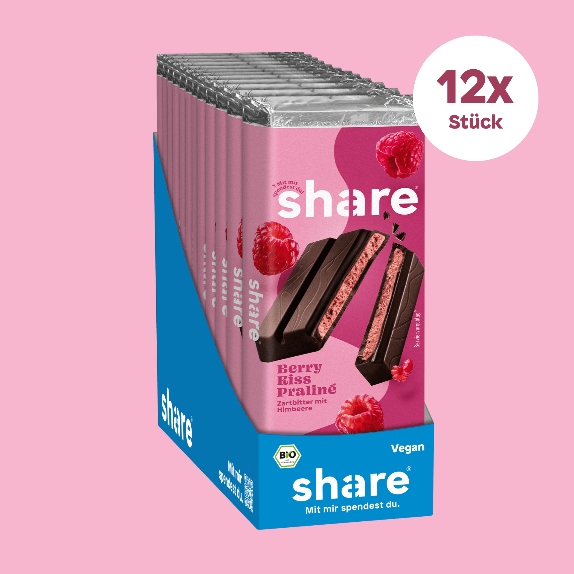 share Tafelschokolade Bio Tafelschokolade Berry Kiss Praliné - Zartbitter mit Himbeere 12x80g