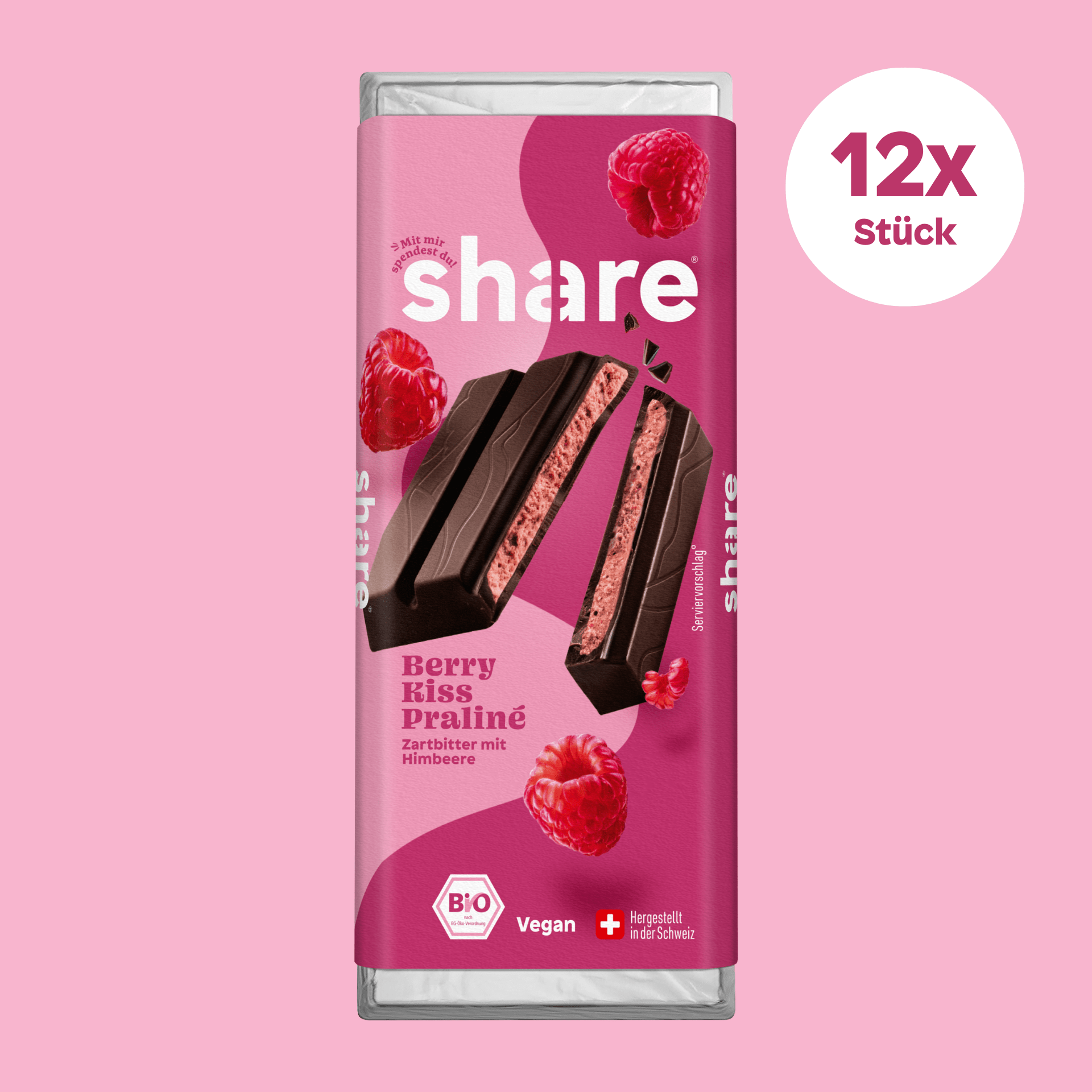 share Tafelschokolade Bio Tafelschokolade Berry Kiss Praliné - Zartbitter mit Himbeere 12x80g