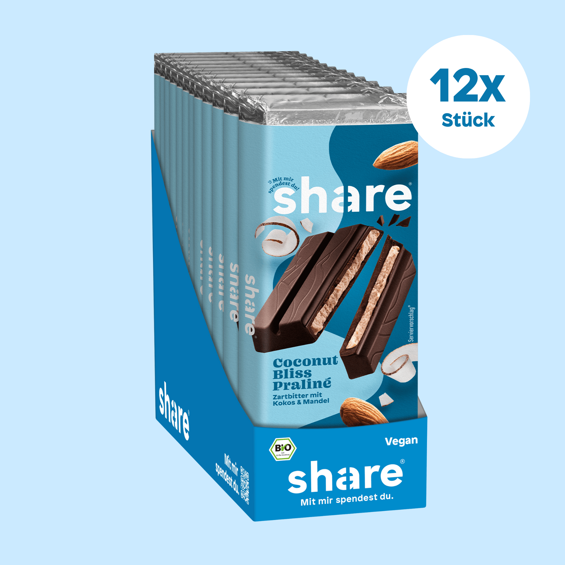 share Tafelschokolade Bio Tafelschokolade Coconut Bliss Praliné - Zartbitter mit Kokos & Mandel 12x80g