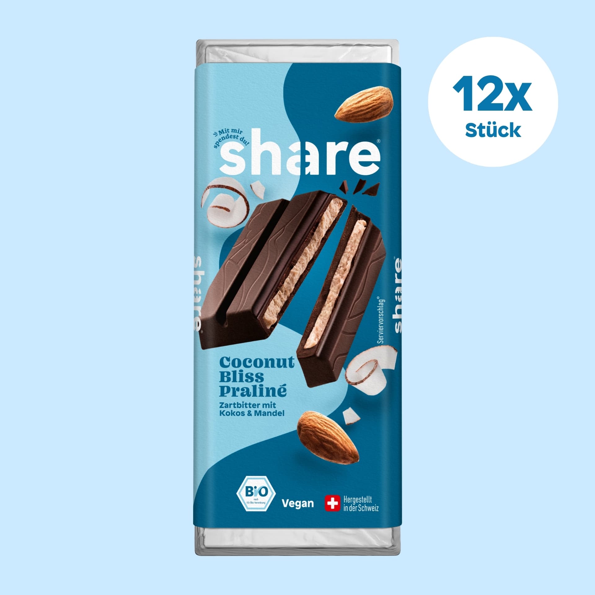 share Tafelschokolade Bio Tafelschokolade Coconut Bliss Praliné Zartbitter mit Kokos & Mandel 12x80g 12x80g