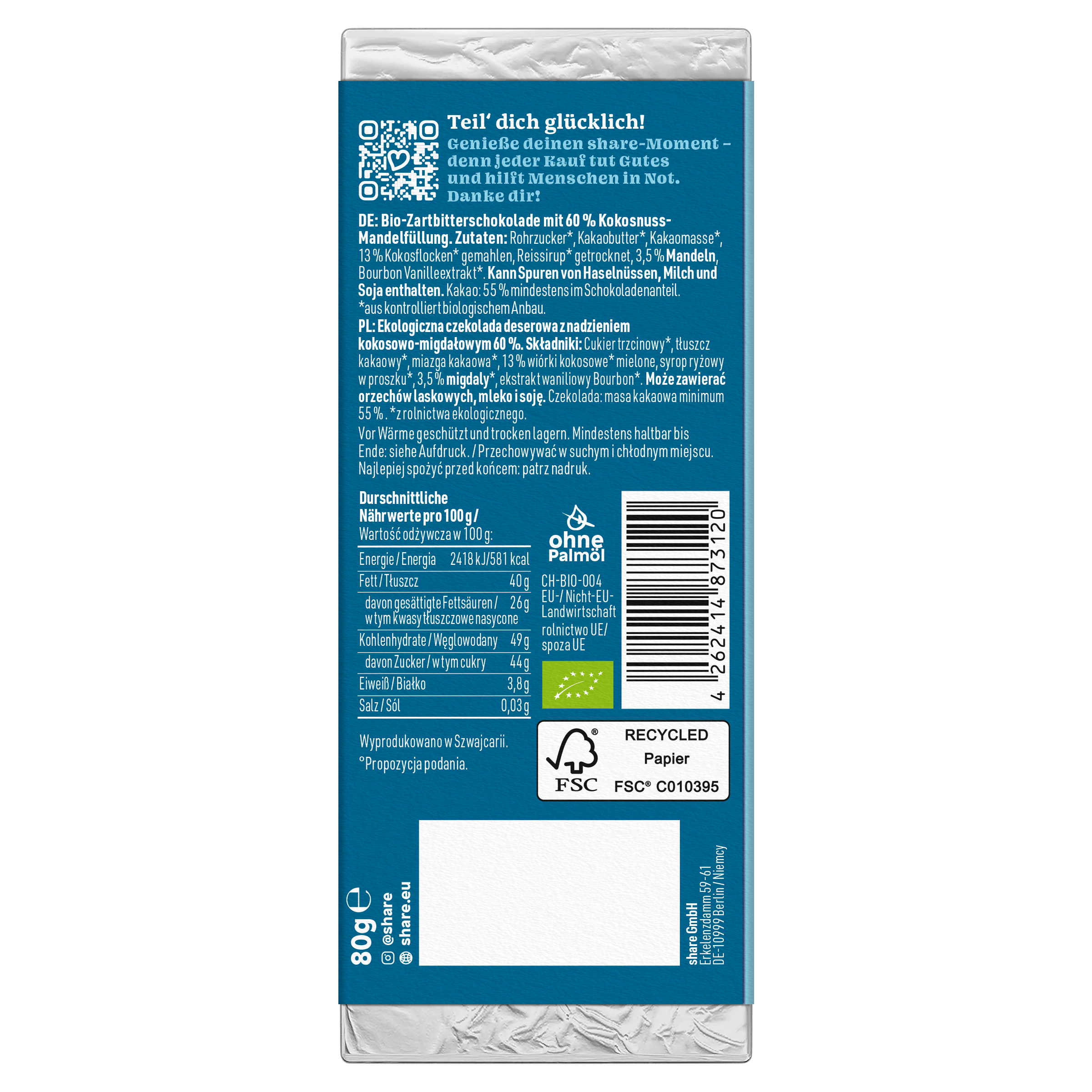 share Tafelschokolade Bio Tafelschokolade Coconut Bliss Praliné Zartbitter mit Kokos & Mandel 1x80g 12x80g