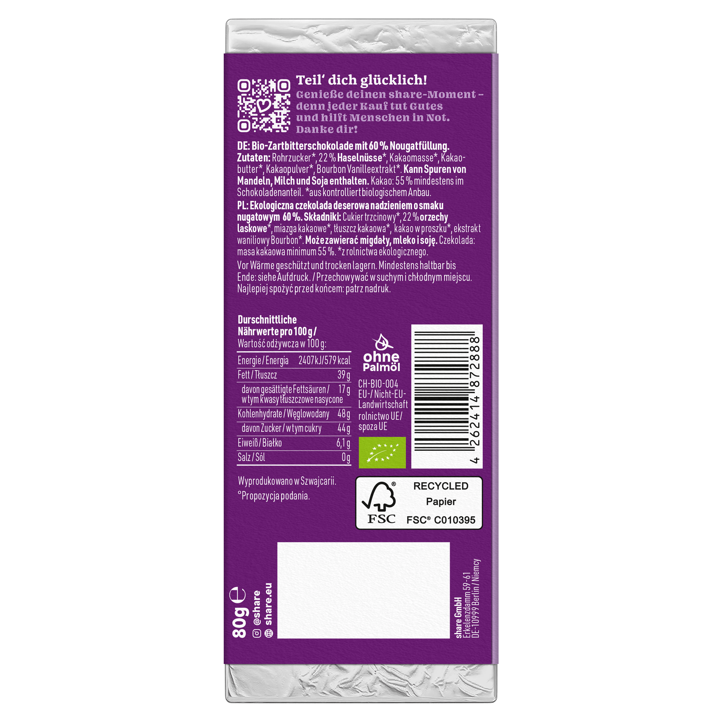 share Tafelschokolade Bio Tafelschokolade Creamy Nougat Praliné Zartbitter mit Nougat 1x80g 12x80g
