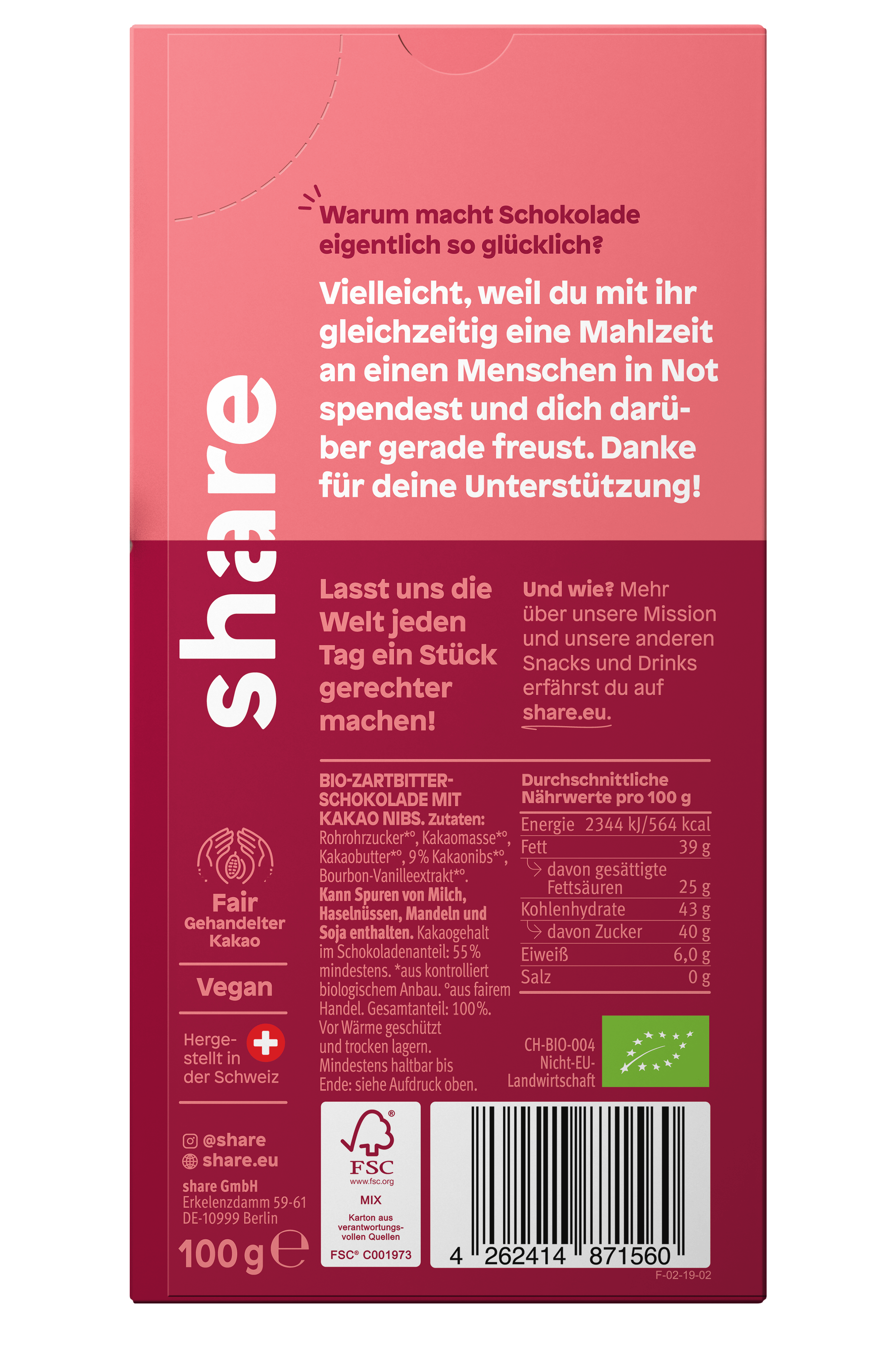 share Tafelschokolade Vegane Bio Schokoladentafel Kakao Nibs 12x100g