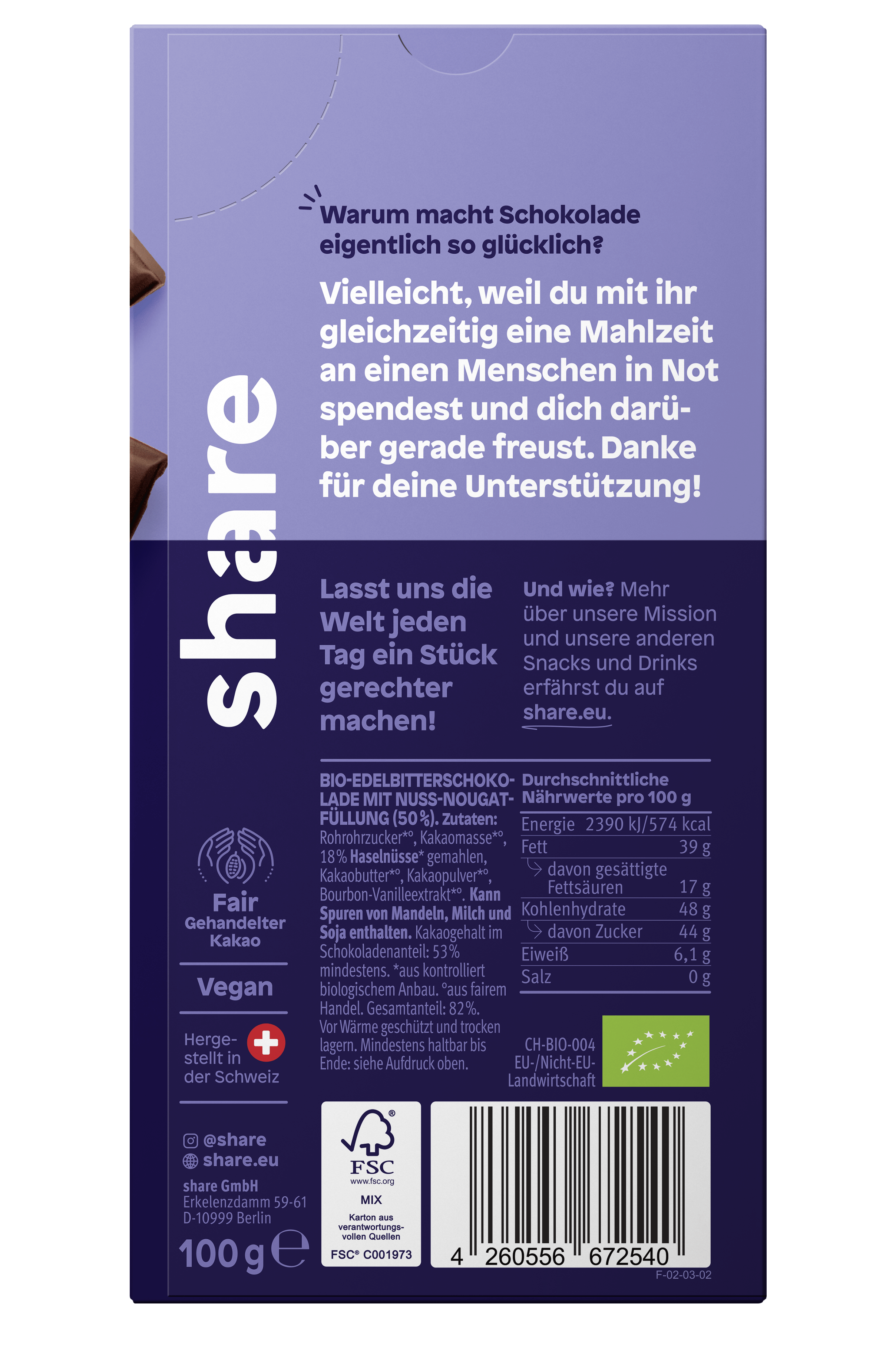 share Tafelschokolade Vegane Bio Schokoladentafel Nougat 12x100g